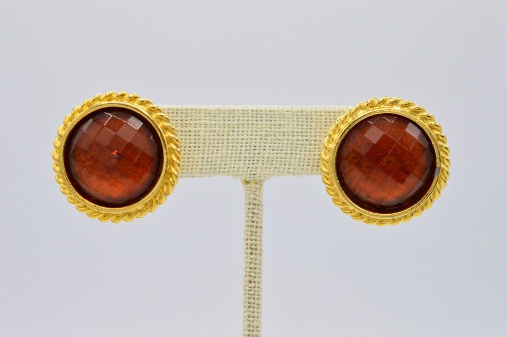 Vintage Faceted Earrings Crystal Round Gold Brushed Gold Amber Jewel 1980s BinAA
